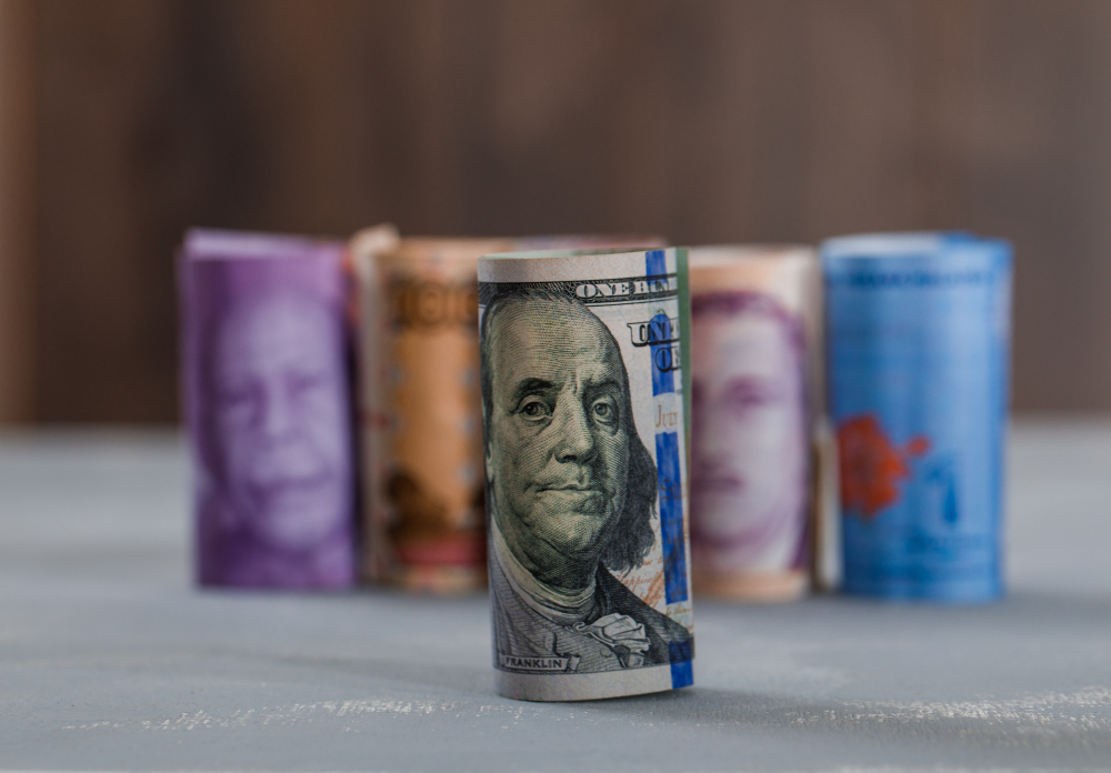International banknotes representing fiat deposits